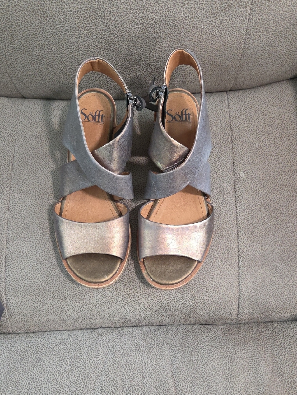Söfft Iridescent Gray Cross-Strap Wedge Sandals